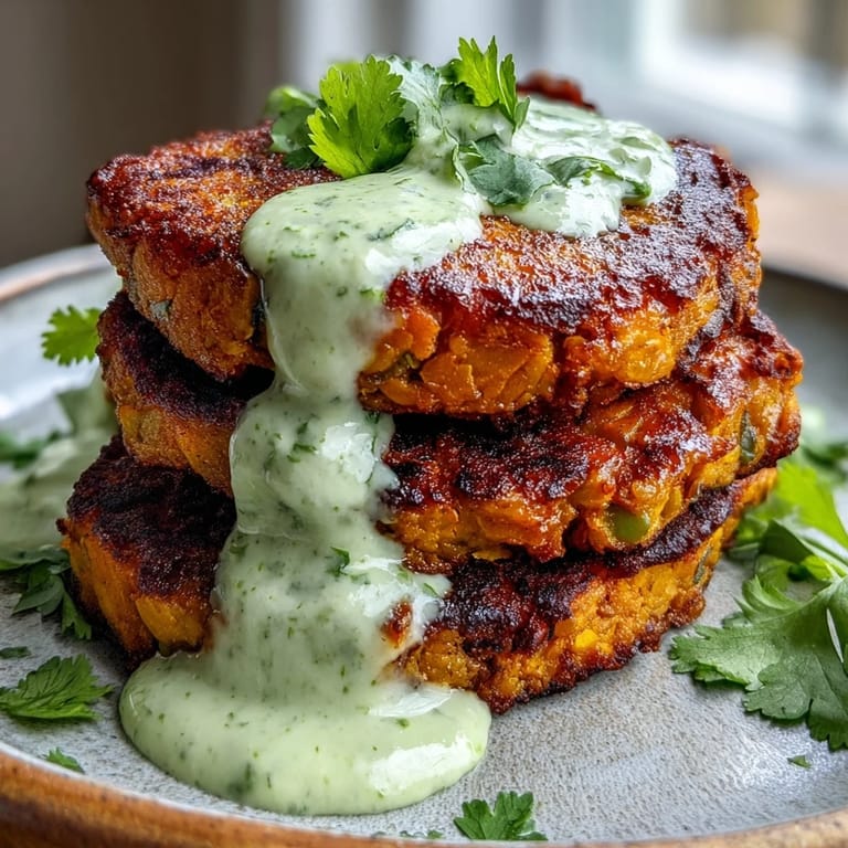 Warm Crispy Sweet Potato & Red Lentil Patties with creamy green sauce for dipping.