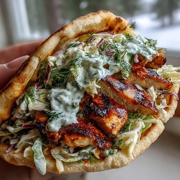 Sliced open Flavor-Packed Chicken Pitas reveal tender chicken and crunchy cabbage slaw drizzled with ranch, ideal for picnic plates.