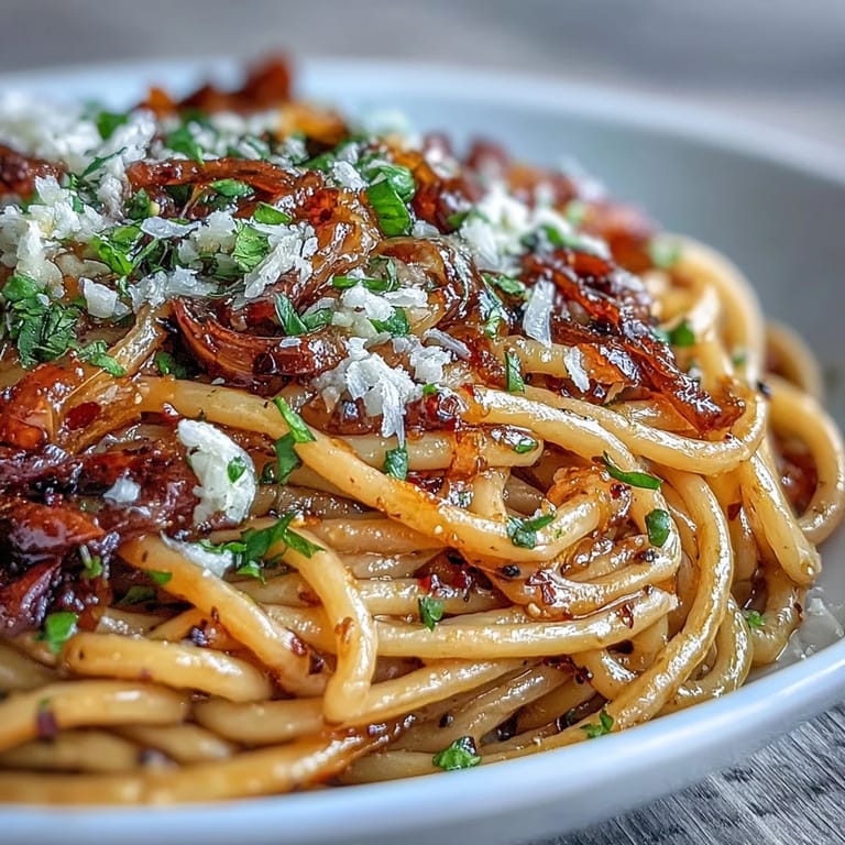 A skillet of caramelized onions with garlic, bathed in a paprika chili oil, waits to be tossed with cooked spaghetti for a bold meal.