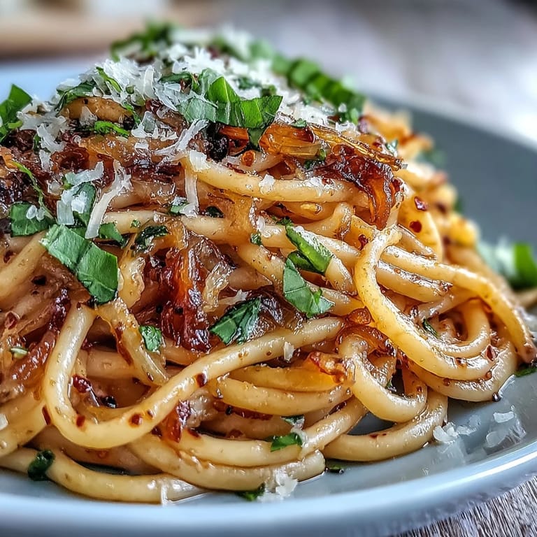 Ready to serve Caramelized Onion Pasta with Chili Oil, featuring tender noodles, deeply browned onions, and a vibrant, aromatic red oil drizzle.