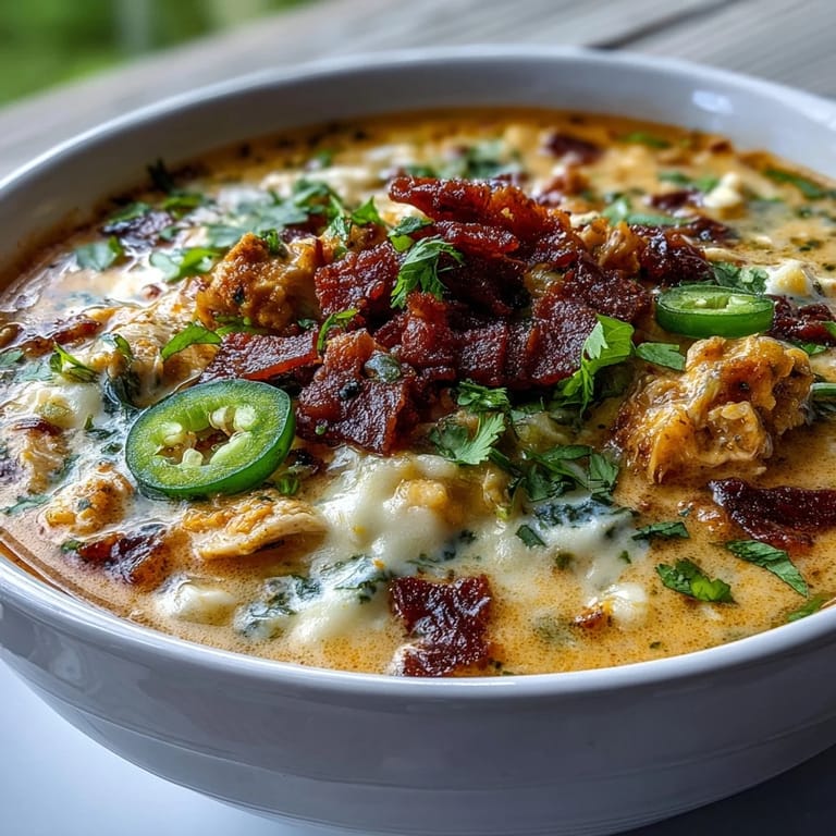 Spicy Jalapeño Popper Chicken Soup in a white bowl topped with fresh cilantro.
