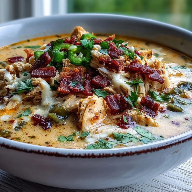 A pot of Spicy Jalapeño Popper Chicken Soup with melted cheddar and diced jalapeños.