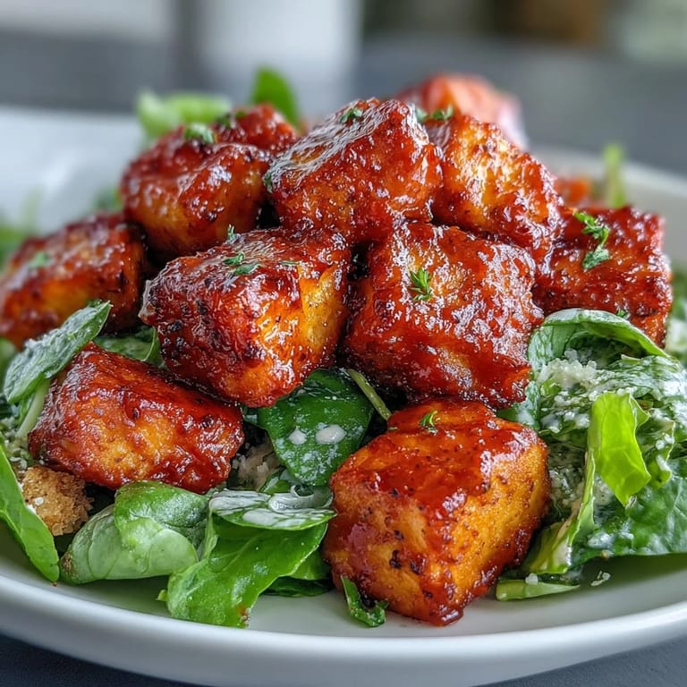 Freshly plated Crispy Buffalo Tofu with Creamy Caesar Salad garnished with Parmesan, ready for a quick weeknight vegetarian dinner.