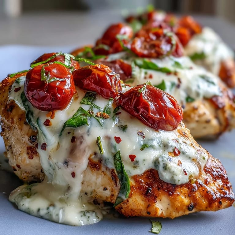 High Protein Chicken Bake served on a plate with roasted vegetables, showcasing the creamy spinach and tomato layers in a Mediterranean-inspired meal.