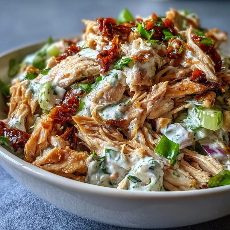 Sun-Dried Tomato Chicken Salad mixed in a bowl, perfect for filling pita bread, sandwiches, or serving on top of crunchy crackers.