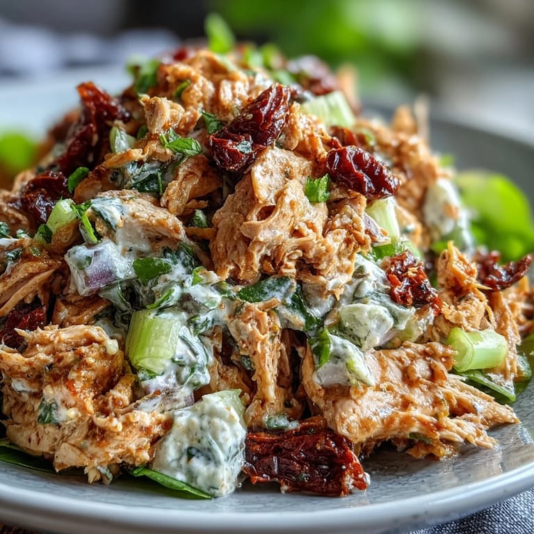 Bright and tangy Sun-Dried Tomato Chicken Salad featuring a creamy Greek yogurt and mayonnaise dressing with fresh herbs and garlic.