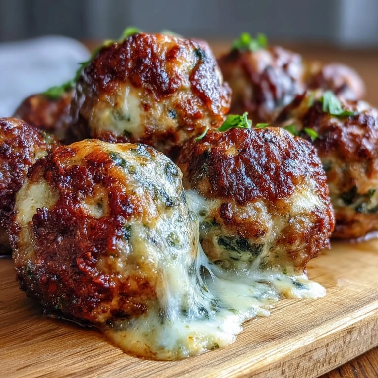 Juicy Spinach Garlic Meatballs pan-seared to perfection, simmered in rich marinara and topped with extra Parmesan.