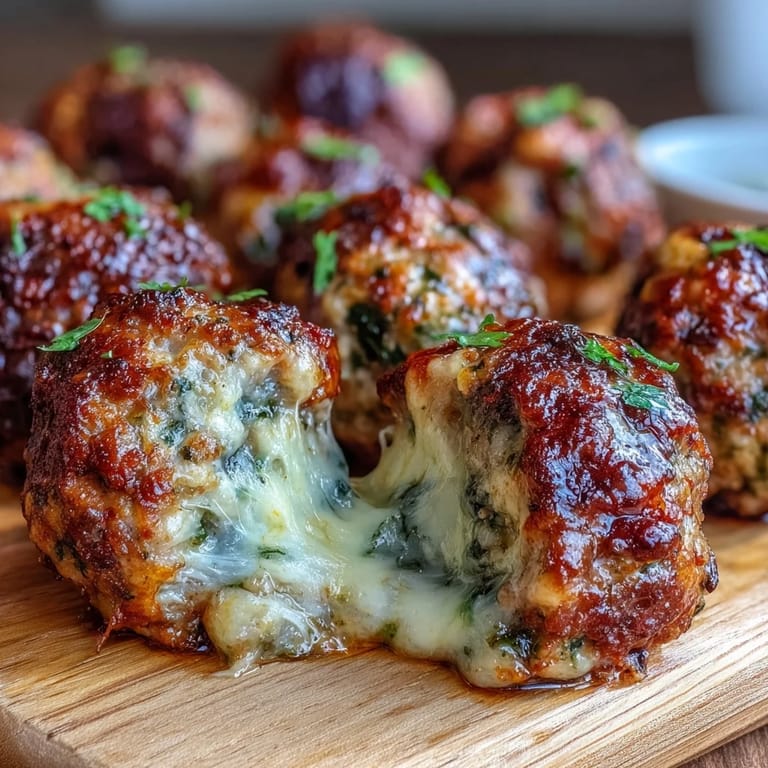 Freshly made Spinach Garlic Meatballs arranged on a platter, revealing vibrant green spinach and melted mozzarella centers.