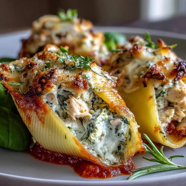 Tender jumbo pasta shells stuffed with creamy Greek-yogurt pesto chicken filling, served over tangy marinara sauce.