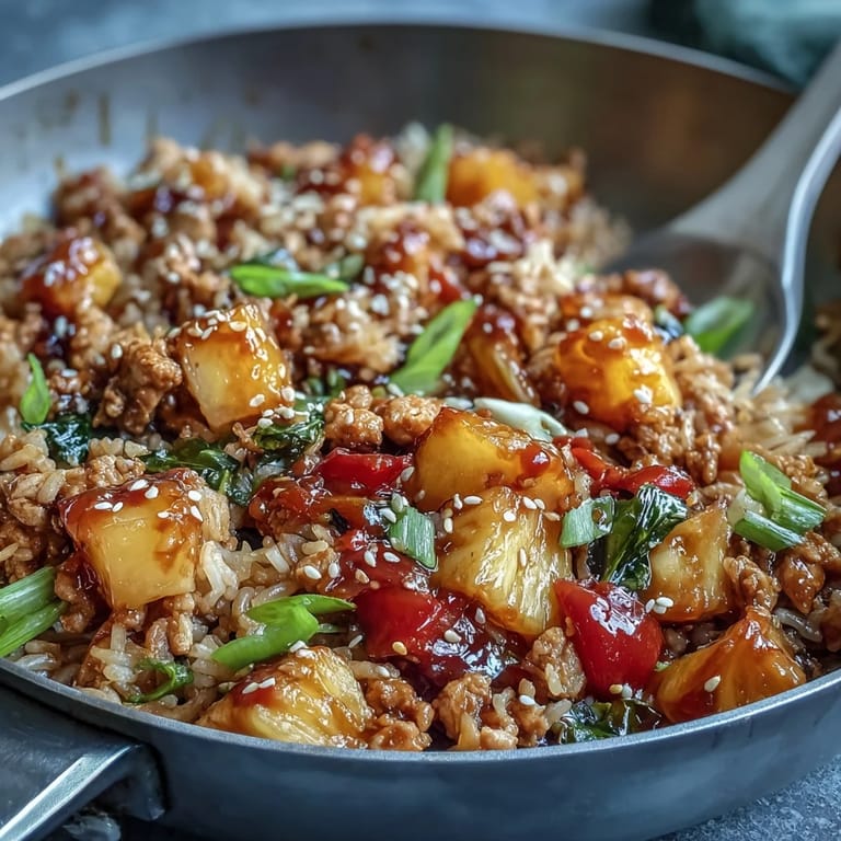 A close-up of the Sweet-and-Sour Turkey Rice Skillet highlights fluffy grains and tender ground turkey coated in glossy sauce.