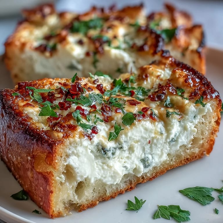 Melted Parmesan and buttery garlic spread on warm Hot Honey Ricotta Garlic Bread, finished with a sticky sweet-spicy honey glaze.