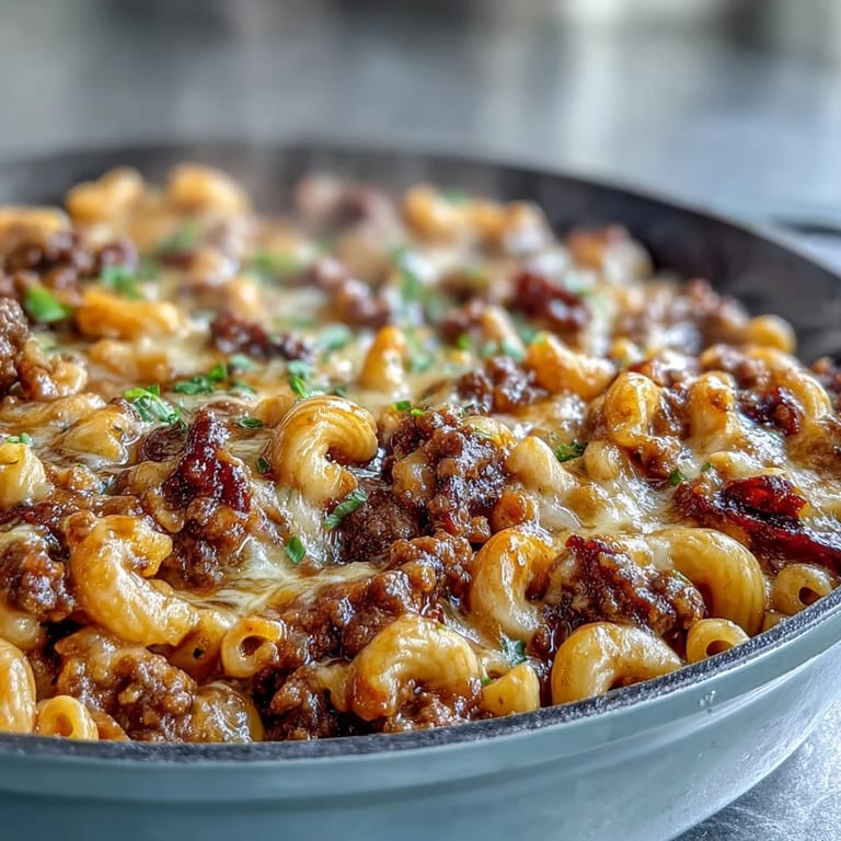 Cheesy One-Pan Cheeseburger Chili Mac served in a ceramic bowl with a side of tangy yellow mustard.