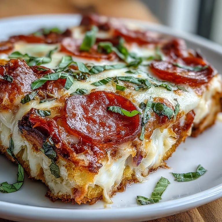 Overhead view of the High-Protein Pizza Breakfast Casserole baking in a parchment-lined sheet pan, featuring a crust made from Greek yogurt dough, topped with a savory egg mixture, shredded cheeses, and scattered turkey pepperoni. Fresh basil garnish and a jar of pizza sauce sit nearby on a rustic wooden table.