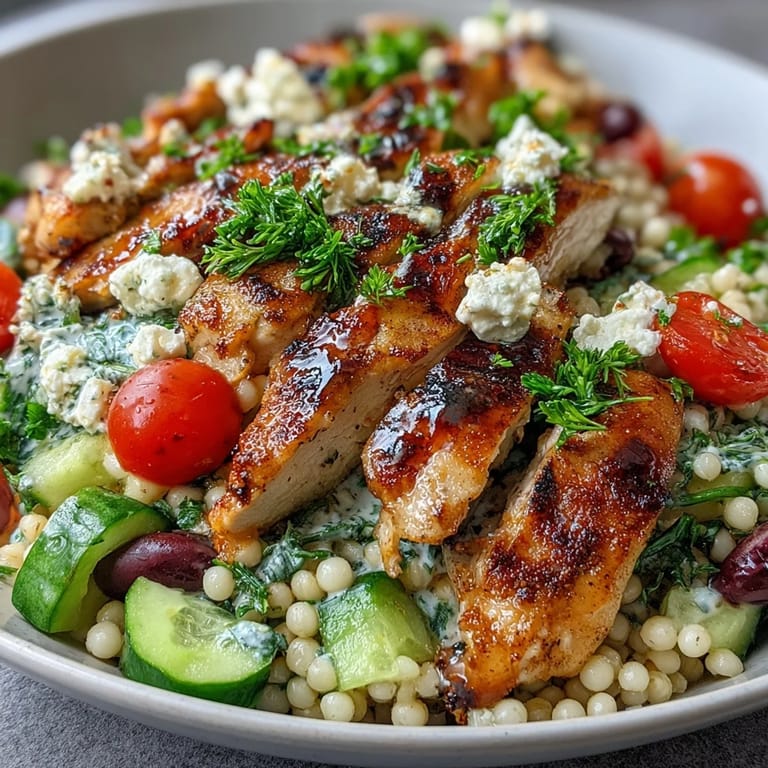 Family-style Mediterranean Pearl Couscous Chicken Bowls on a rustic table, colorful vegetables and feta cheese making an easy weeknight dinner for four.