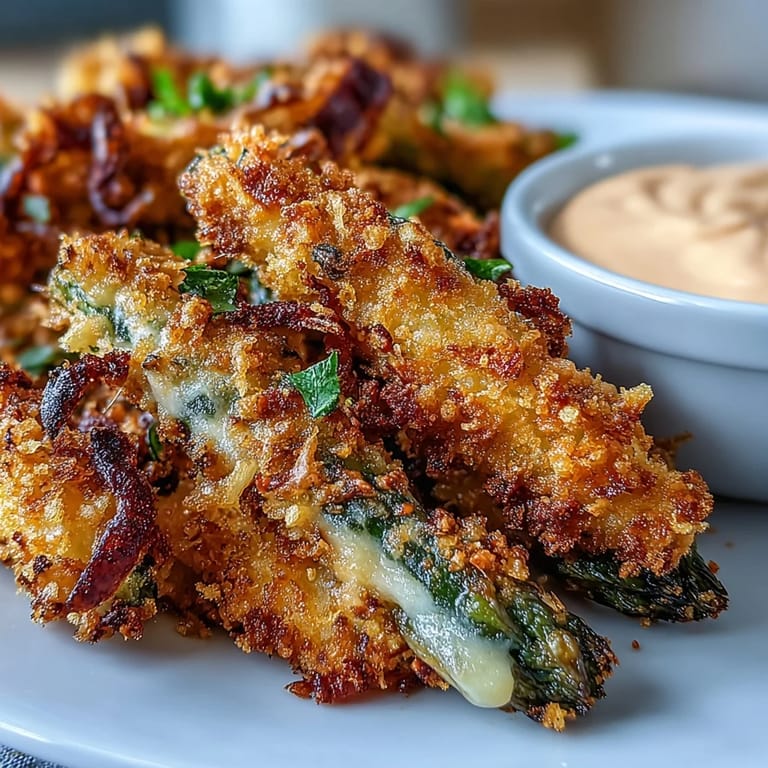 Crispy Chili-Garlic Asparagus Fries on a platter, showcasing golden breading and vibrant green spears for sharing.
