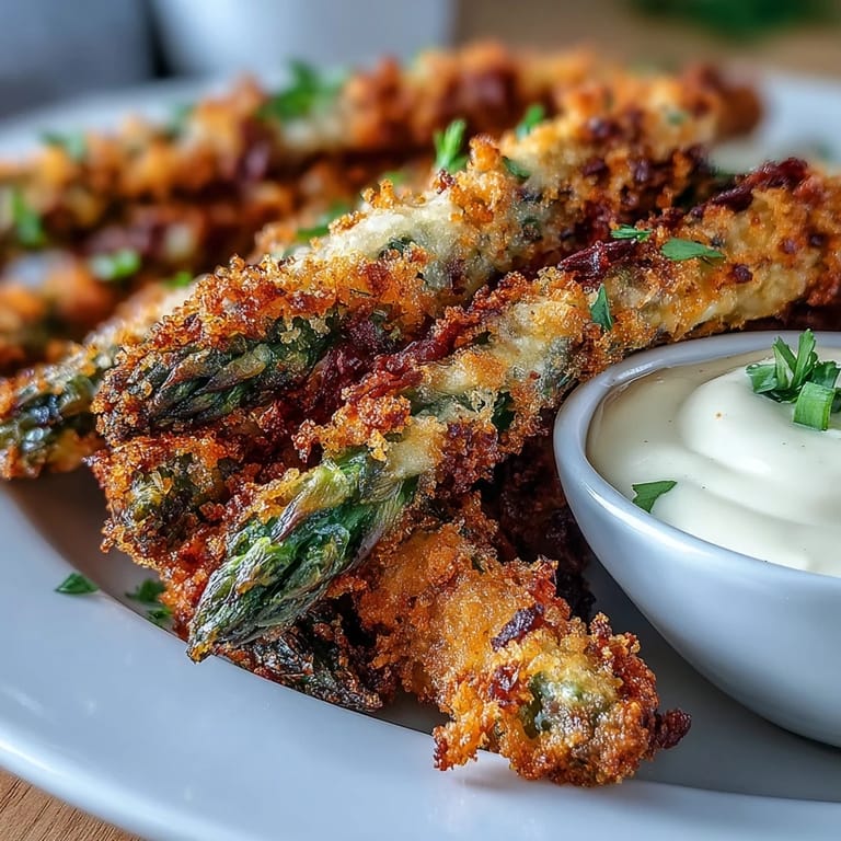 Freshly fried Crispy Chili-Garlic Asparagus Fries served with a spicy sriracha mayo dip on a rustic plate.