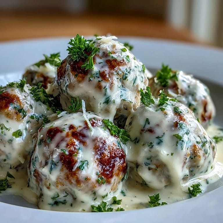 Tender Creamy Garlic Ranch Turkey Meatballs simmering in a skillet, with a cheesy ranch aroma and fresh herbs.