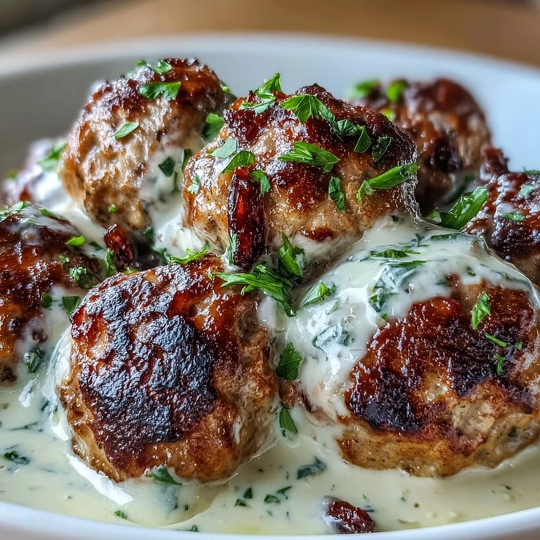 Creamy Garlic Ranch Turkey Meatballs served over mashed potatoes, garnished with fresh chives and a fork ready to eat.