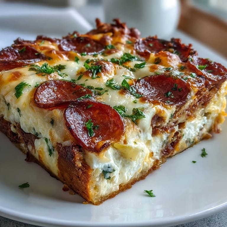 Overhead view of High-Protein Pizza Breakfast Casserole in a baking dish, topped with parsley and turkey pepperoni slices.