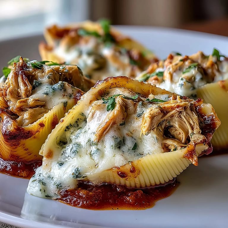 Golden baked Pesto Chicken Stuffed Shells Lite sit in a ceramic dish, garnished with fresh basil leaves and served beside a green salad. 