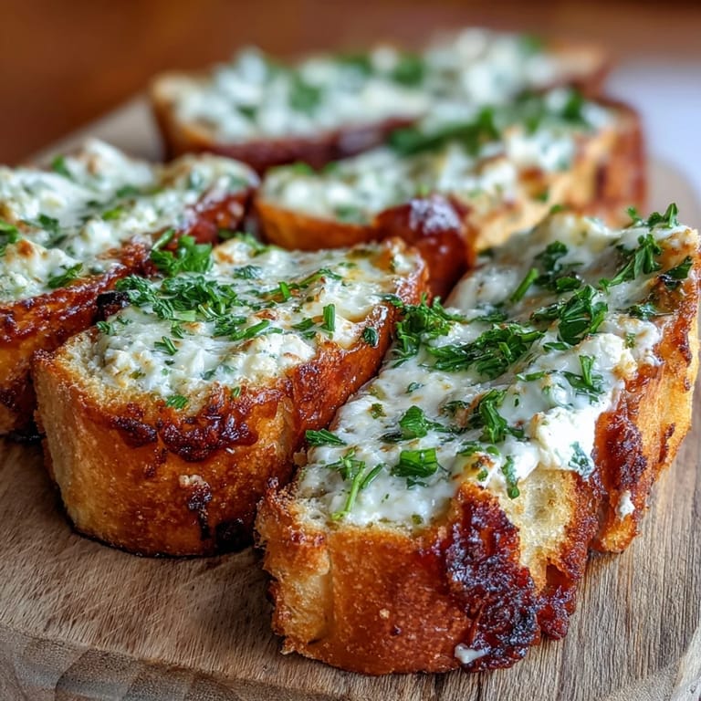A close-up of Hot Honey Ricotta Garlic Bread shows the crispy baguette half covered in herby ricotta and a generous hot honey glaze.