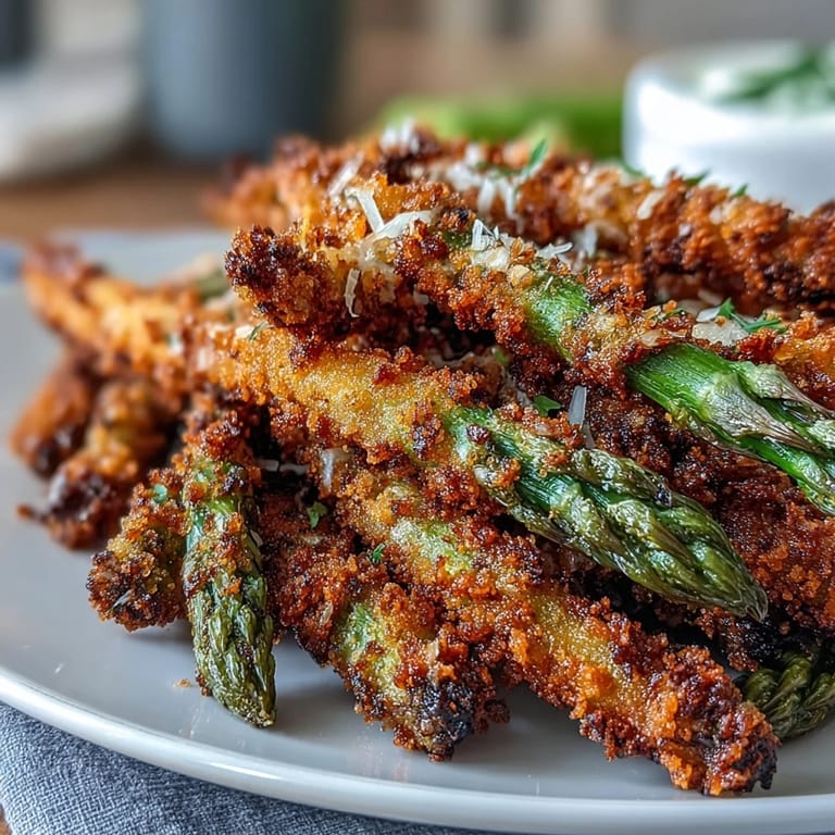 Oven-baked Crispy Chili-Garlic Asparagus Fries feature crunchy panko crusts speckled with herbs and spices for a spicy kick.