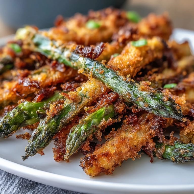 A close-up of Crispy Chili-Garlic Asparagus Fries shows crispy spears served on a platter, ready to be dipped.