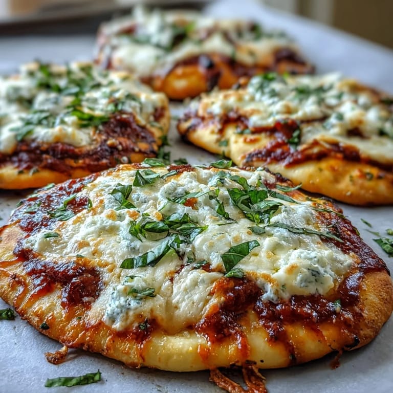 A close-up view of homemade Garlic Naan Margherita Pizzas with melted cheese and tomato sauce, perfect for a quick weeknight dinner.