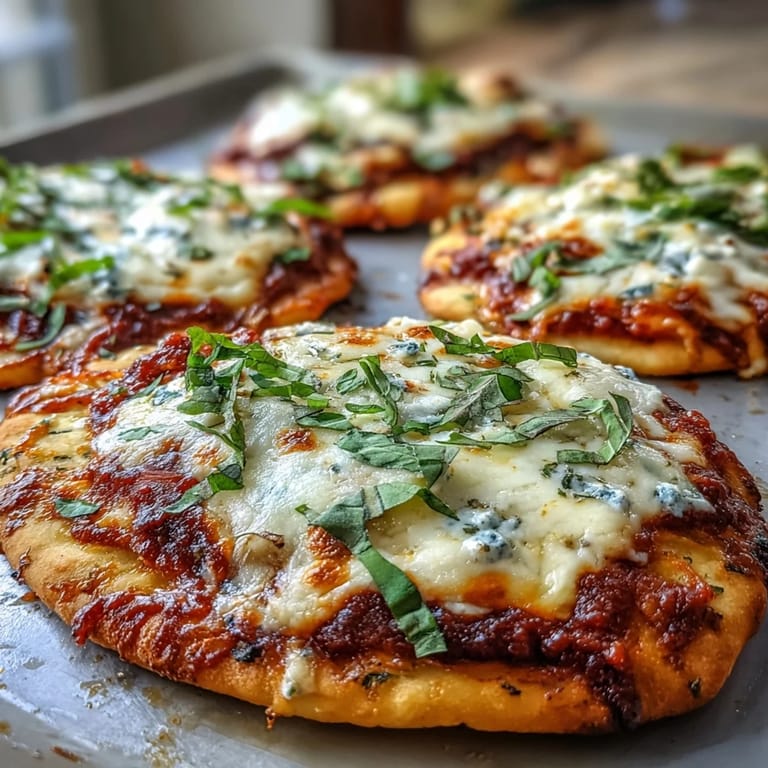 Slice of hot Garlic Naan Margherita Pizza on a white plate, featuring crispy edges and vibrant green basil, ready to eat.
