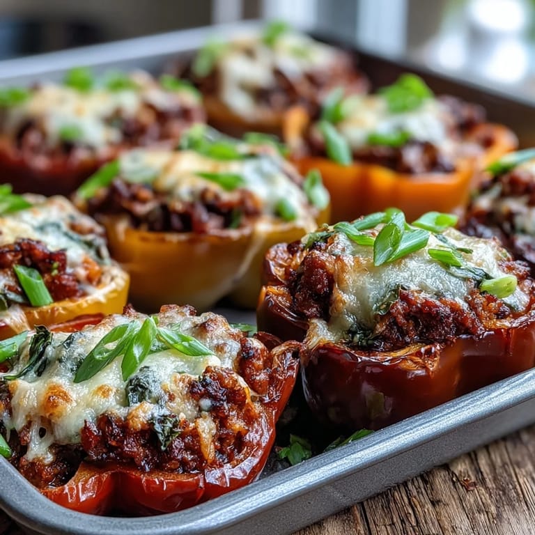 Vibrant platter of Korean-Style Turkey Stuffed Sweet Peppers, showcasing the savory filling and glossy cheese topping.