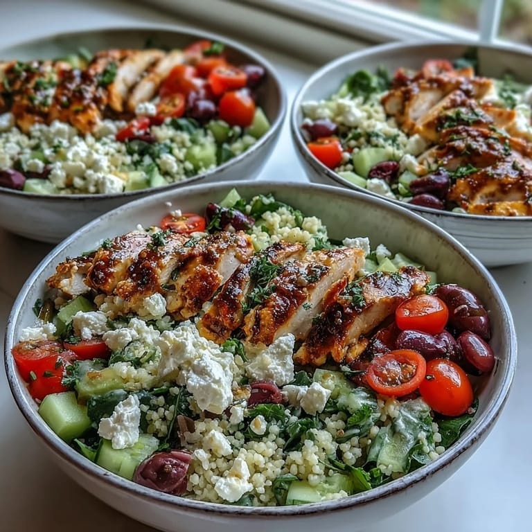 A close-up view of a Mediterranean Pearl Couscous Chicken Bowls meal featuring grilled chicken, feta, and vibrant vegetables.