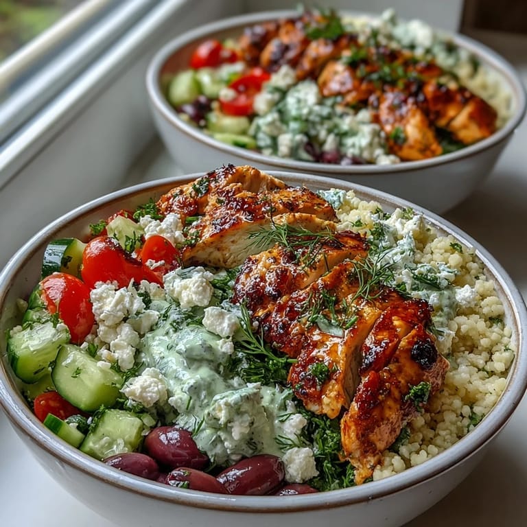 Serving suggestion for Mediterranean Pearl Couscous Chicken Bowls with glistening olive oil and herbs on a rustic table.