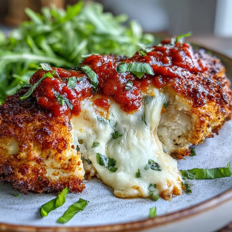 Sizzling Keto Baked Chicken Parmesan fresh from the oven with melted mozzarella and basil garnish.