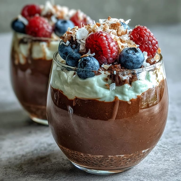 A close-up of Vegan Chocolate Chia Pudding Parfaits with Coconut Whip, topped with shaved dark chocolate and toasted coconut. 