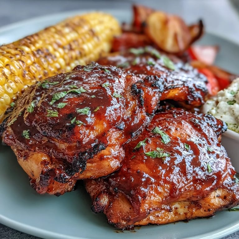 Golden chicken thighs and roasted peppers share a baking sheet with sweet corn, creating an easy, flavorful dinner.