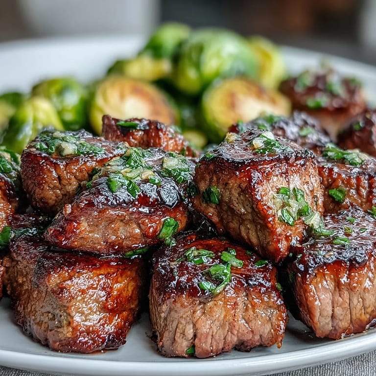 Pan-seared steak bites glisten in lemon garlic butter alongside crispy, golden-brown Brussels sprouts on a rustic plate.