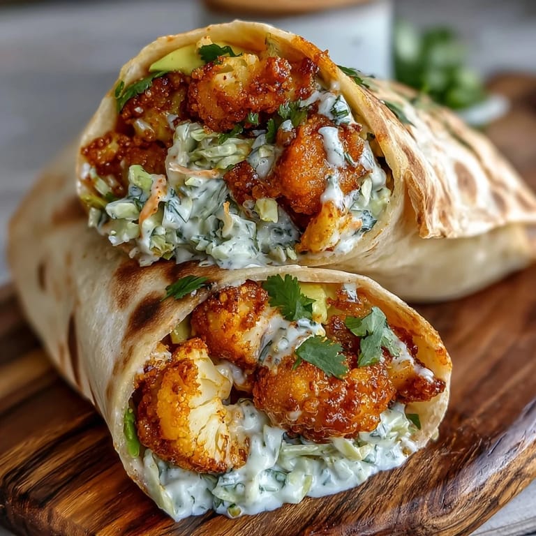 Golden buffalo cauliflower florets fill a warm tortilla, topped with crunchy cabbage slaw and fresh dill for flavor.