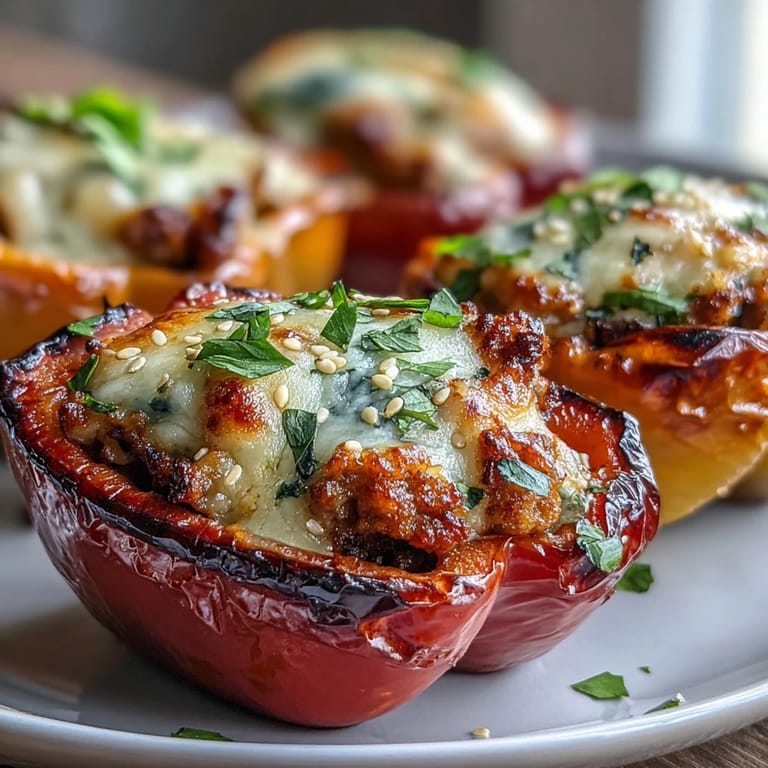 A serving of Korean-Style Turkey Stuffed Sweet Peppers on a white plate, garnished with sesame seeds, ready to be enjoyed.