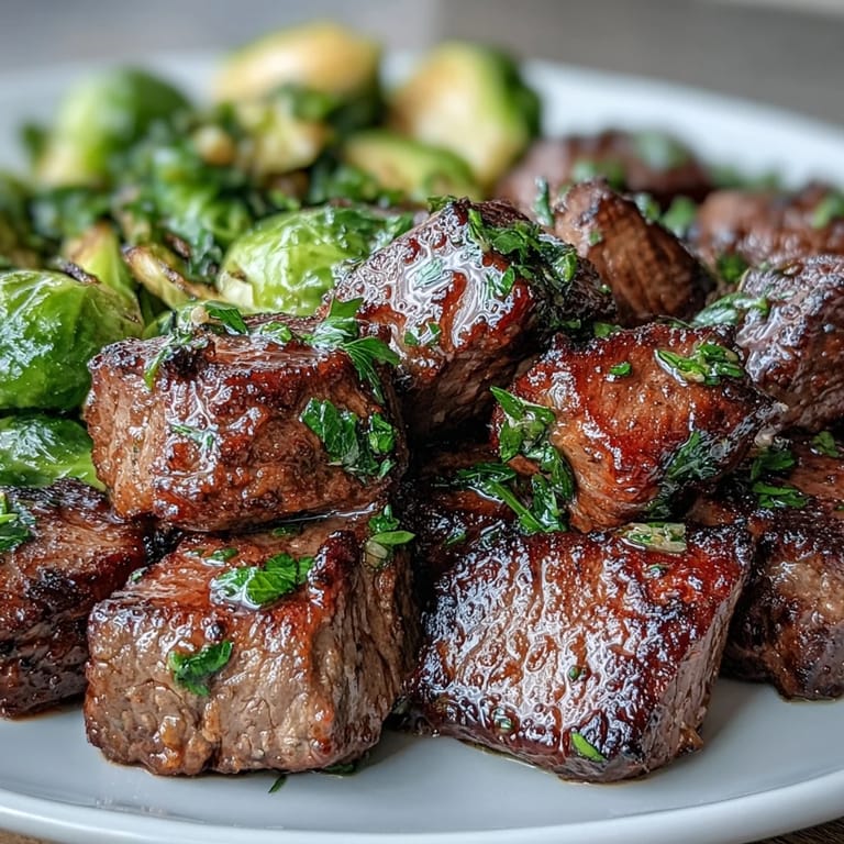Freshly chopped parsley garnishes juicy steak and caramelized sprouts for an easy low-carb weeknight dinner.