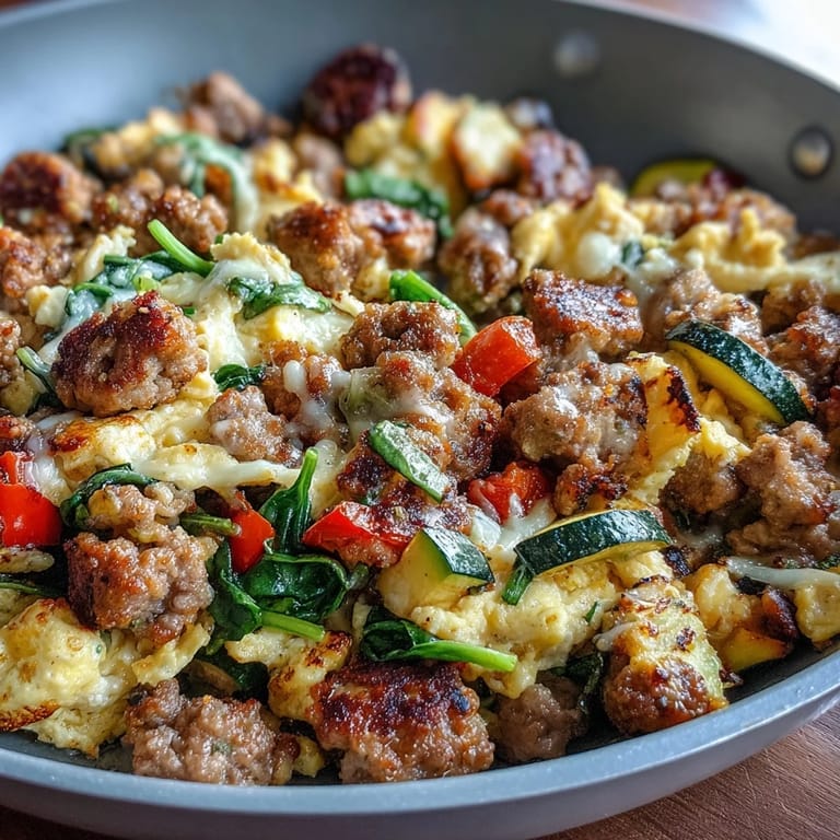 Hearty keto-friendly breakfast with sausage, zucchini, spinach, and eggs cooked to perfection in a pan.