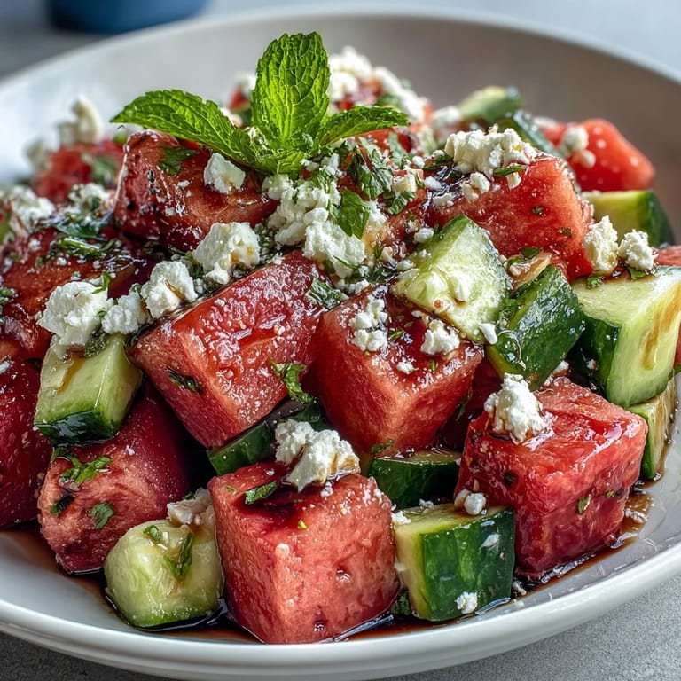 Vibrant Mediterranean-style salad featuring ripe watermelon, cool cucumber, crumbled feta, and a glossy balsamic glaze—ideal for picnics and BBQs.