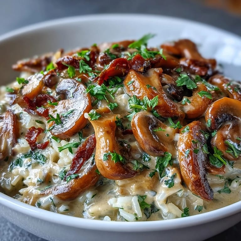 Rich, savory vegan mushroom stroganoff featuring tender mushrooms in a silky sauce atop wholesome brown rice.  