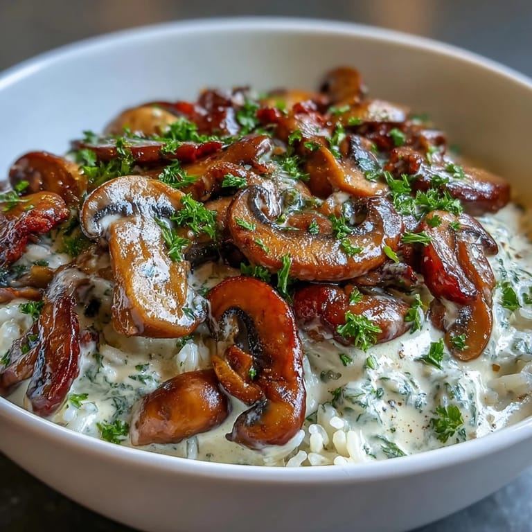 Hearty vegan mushroom stroganoff with earthy mushrooms, creamy sauce, and nutty brown rice for a comforting meal.