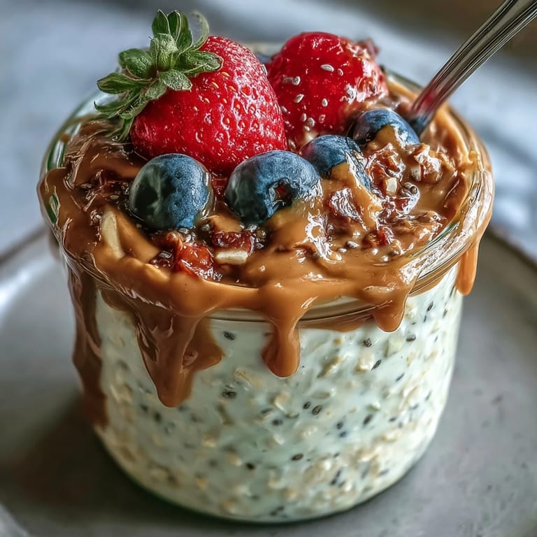 Healthy make-ahead oats layered with berries and almond butter in a mason jar.