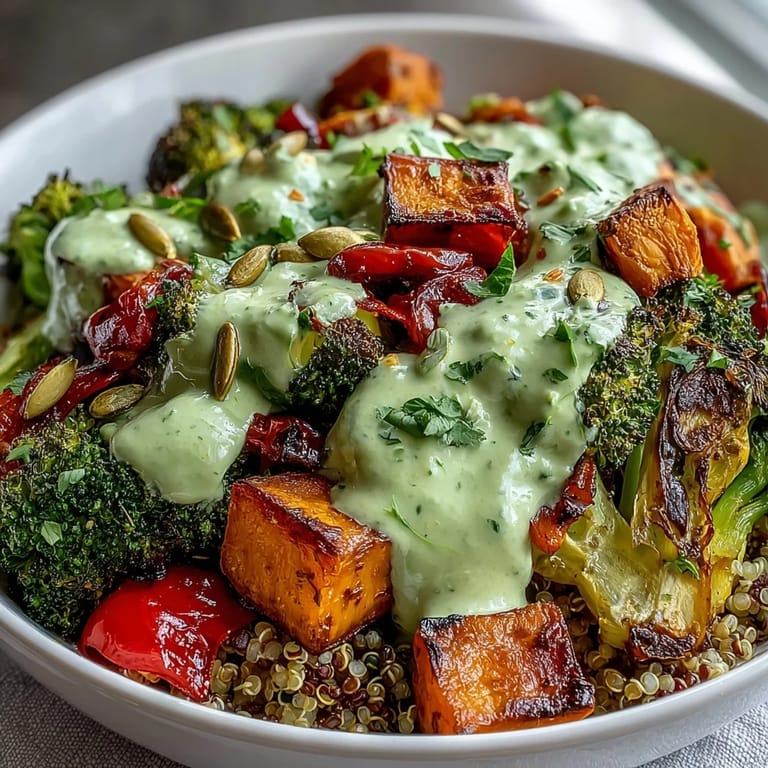 A beautifully presented Vegan Roasted Veggie Buddha Bowl with avocado dressing on top.