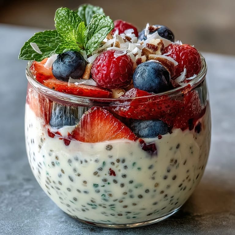 Creamy chia pudding cups topped with juicy strawberries, blueberries, and raspberries, garnished with coconut flakes for a refreshing vegan meal prep snack.