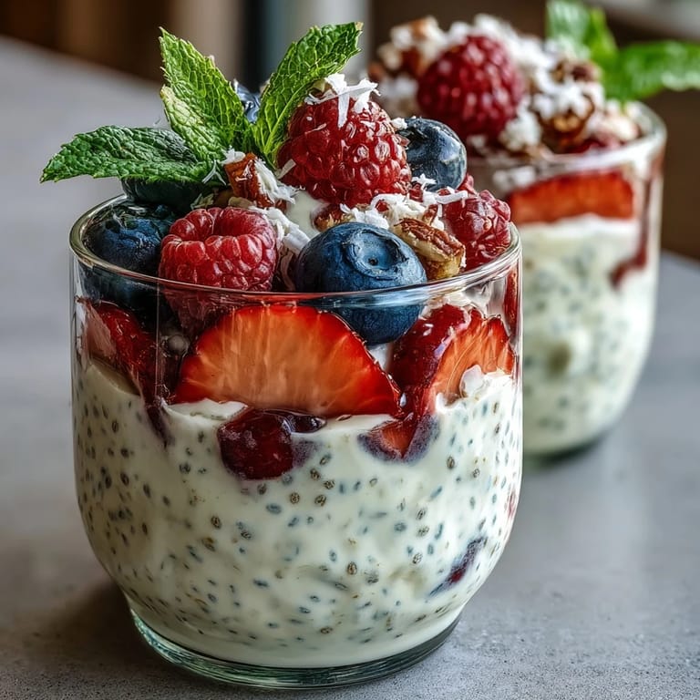 Make-ahead chia pudding layered with colorful summer berries in glass jars, an easy gluten-free breakfast packed with fiber and antioxidants.