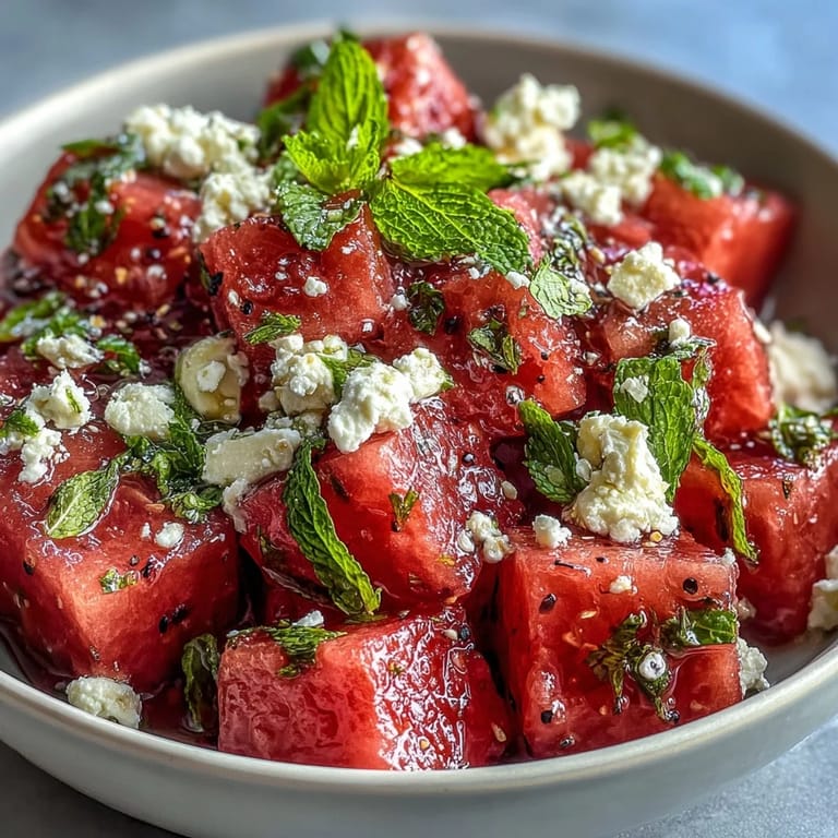 Refreshing watermelon feta salad drizzled with olive oil and lime, topped with fragrant mint for a Mediterranean twist.  