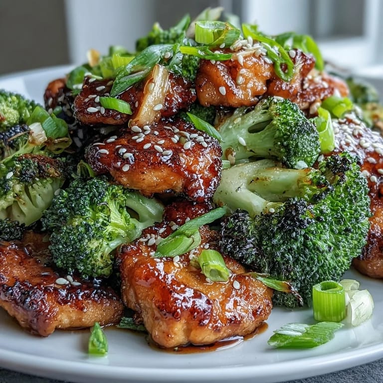 Oven-baked teriyaki chicken and broccoli served over nutty brown rice, topped with sesame seeds and green onions.  