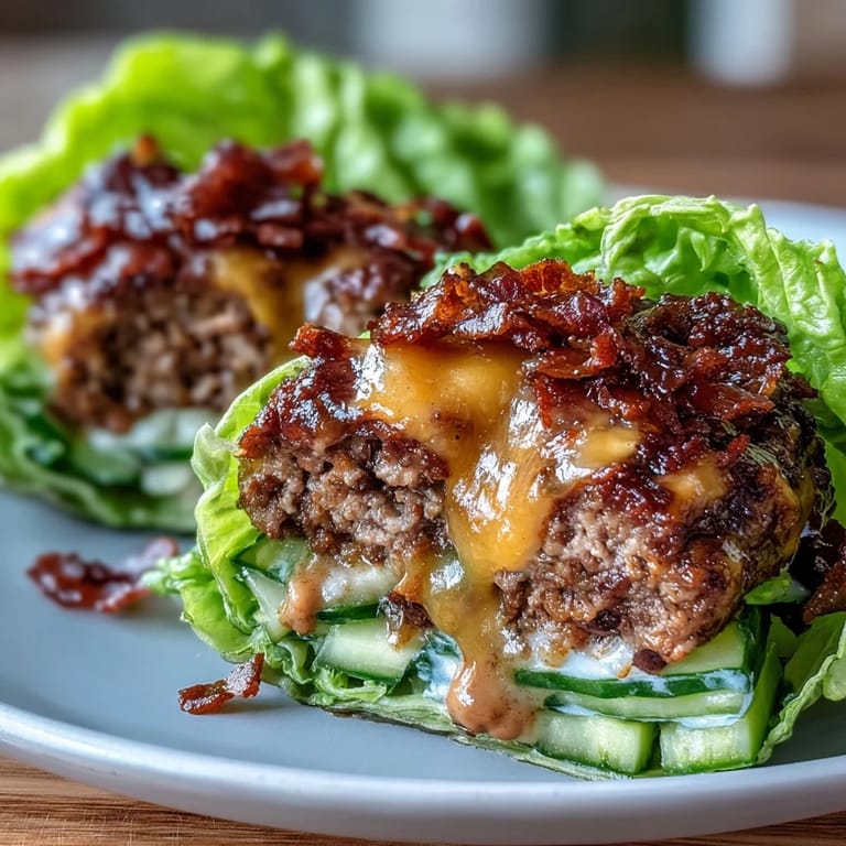 Savory ground beef cheeseburgers nestled in fresh lettuce wraps, topped with tangy pickles and a rich, keto-friendly secret sauce for a satisfying, carb-conscious meal.